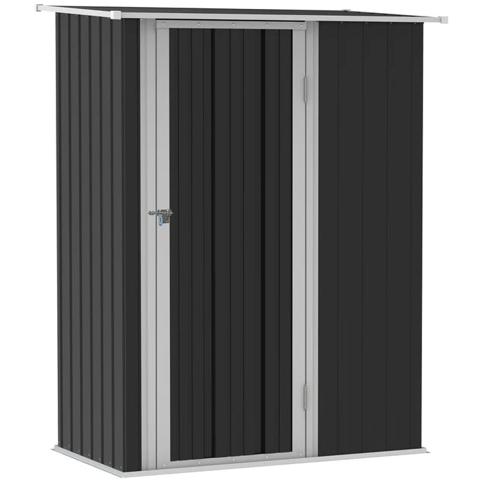 Grey Metal Garden Storage Shed with Sloped Roof and Lockable Door for Tools and Bikes