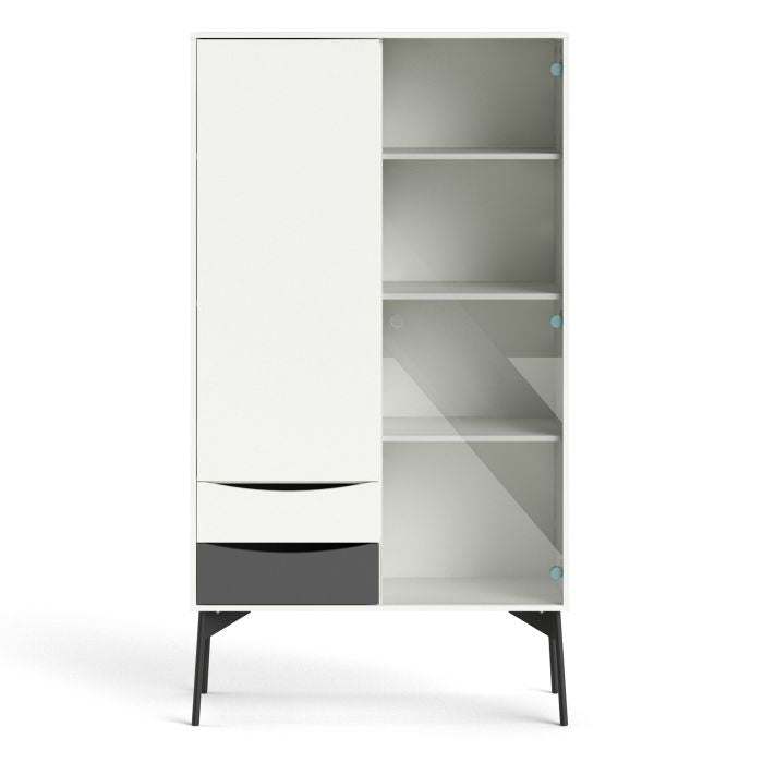 Modern Fur China Cabinet 1 Solid Door, 1 Glass Door, 2 Drawers front image grey white