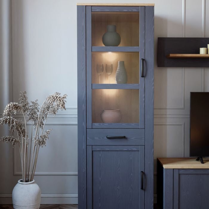 Riviera Oak/Navy Bohol Narrow Display Cabinet 2-Door, 1-Drawer - Store In Style