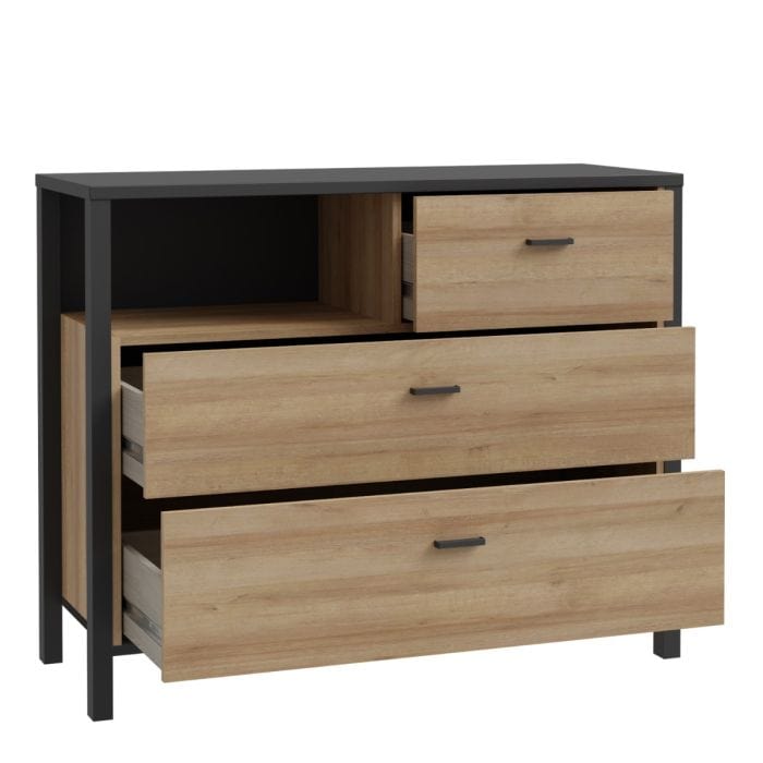 High Rock Chest of 3 Drawers Matt Black/Riviera Oak Storage Solution-all draws open front image